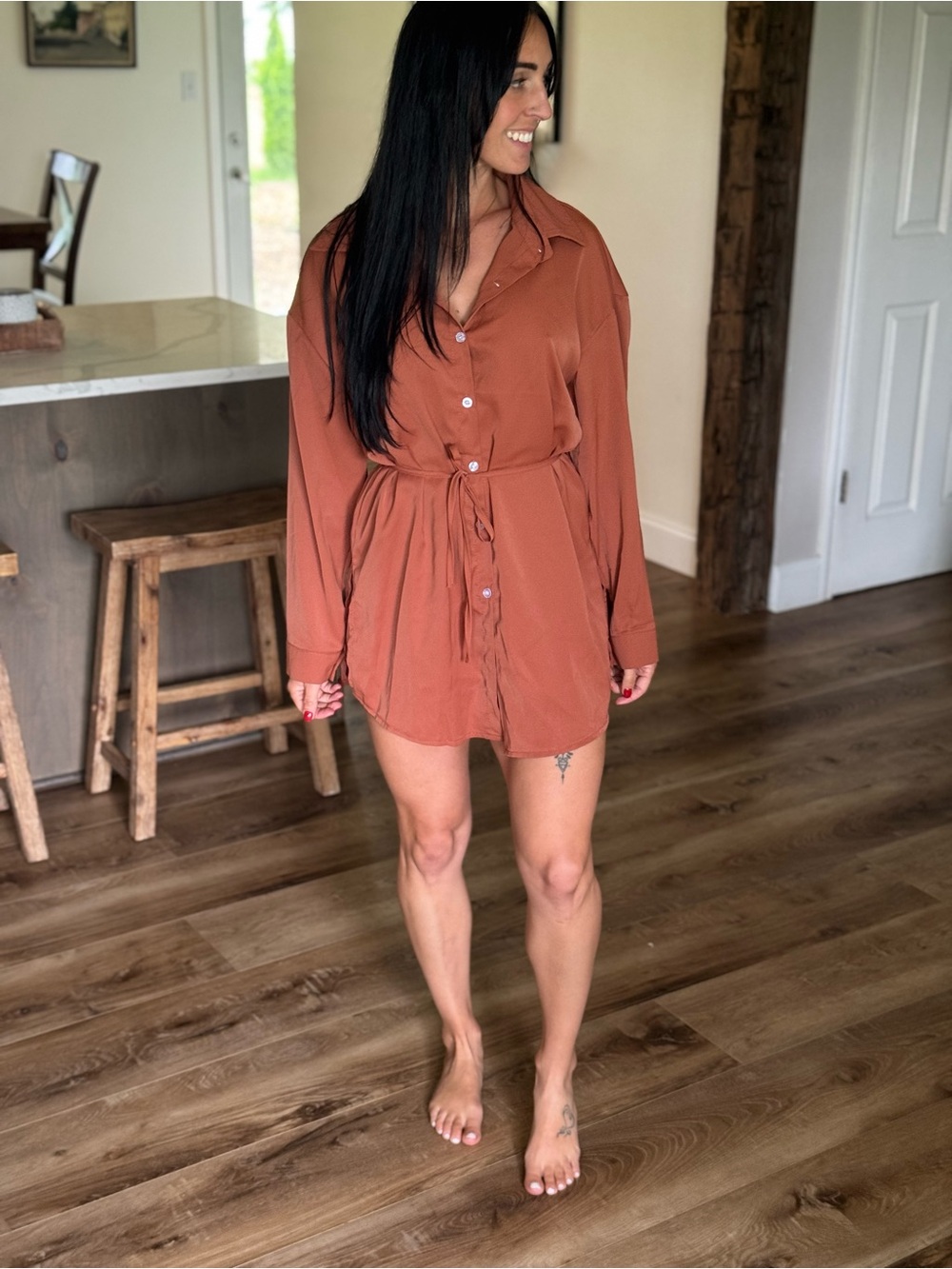 Rust Button-Front Tie-Waist Shirt romper dress
